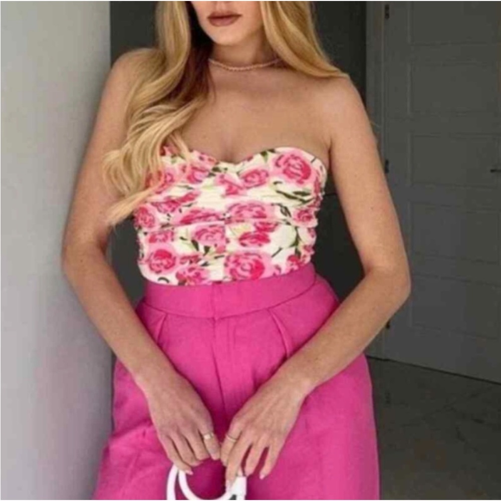 Zara draped floral pink roses bodysuit pink white small T9